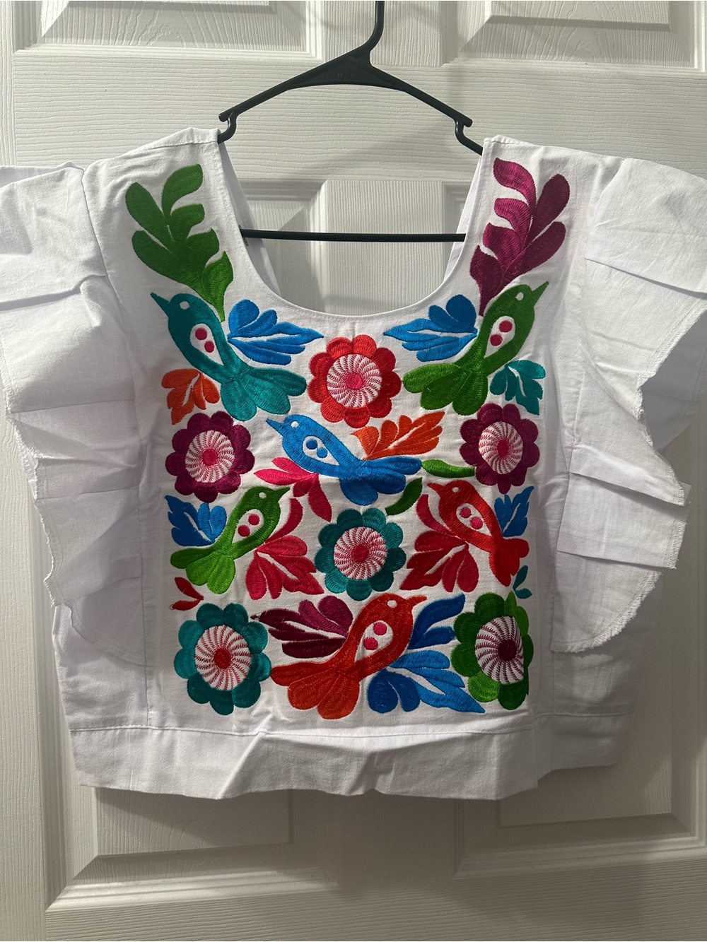 Embroidered White Mexican Blouse with Multicolor Floral Birds